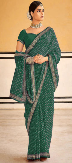 Green color Saree in Georgette fabric with Bandhej, Embroidered, Printed work