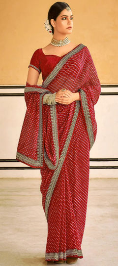 Festive, Party Wear Red and Maroon color Saree in Georgette fabric with Classic, Rajasthani Bandhej, Embroidered, Printed work : 1918686