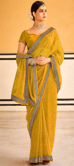 Yellow color Saree in Georgette fabric with Bandhej, Embroidered, Printed work