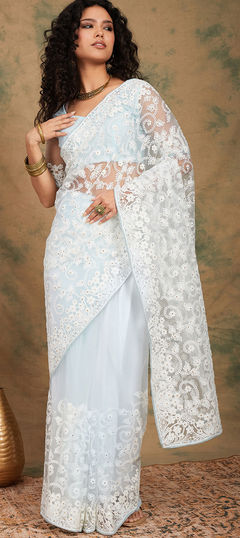 Festive, Party Wear Blue color Saree in Net fabric with Classic Embroidered, Resham work : 1918762