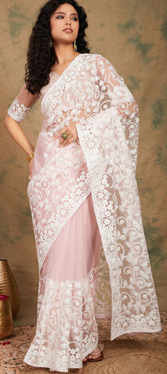 Festive, Party Wear Pink and Majenta color Saree in Net fabric with Classic Embroidered, Resham work : 1918763