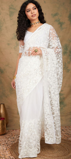 Festive, Party Wear White and Off White color Saree in Net fabric with Classic Embroidered, Resham work : 1918764