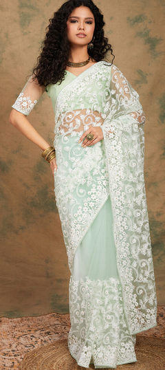 Festive, Party Wear Green color Saree in Net fabric with Classic Embroidered, Resham work : 1918765