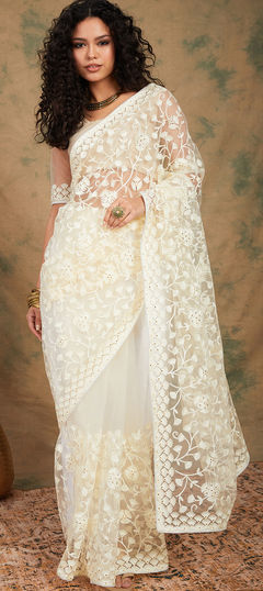 Festive, Party Wear White and Off White color Saree in Net fabric with Classic Embroidered, Resham work : 1918769