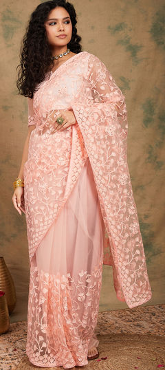 Festive, Party Wear Pink and Majenta color Saree in Net fabric with Classic Embroidered, Resham work : 1918776