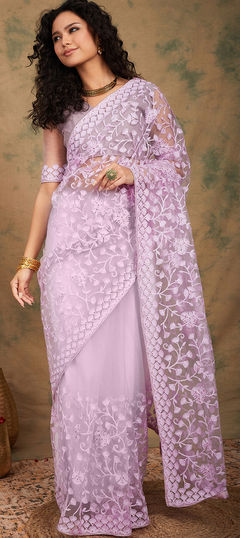 Festive, Party Wear Purple and Violet color Saree in Net fabric with Classic Embroidered, Resham work : 1918778