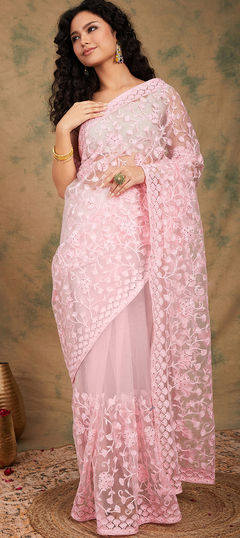 Festive, Party Wear Pink and Majenta color Saree in Net fabric with Classic Embroidered, Resham work : 1918779