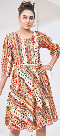 Beige and Brown color Kurti in Cotton fabric with Printed work