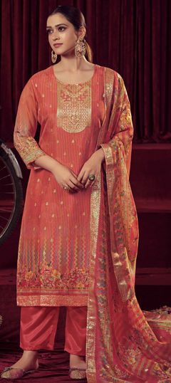 Orange color Salwar Kameez in Organza Silk fabric with Floral, Printed, Sequence work