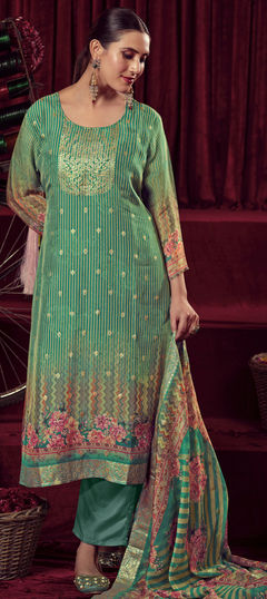 Green color Salwar Kameez in Organza Silk fabric with Floral, Printed, Sequence work