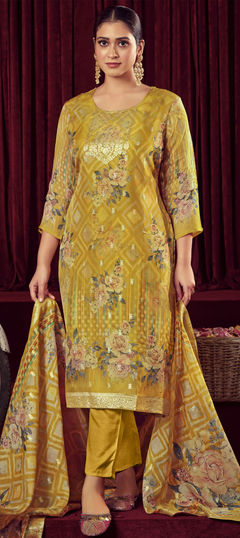 Yellow color Salwar Kameez in Organza Silk fabric with Floral, Printed, Sequence work