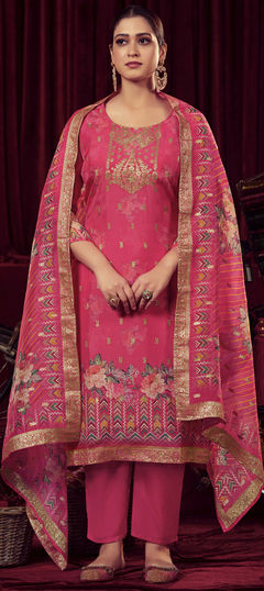 Pink and Majenta color Salwar Kameez in Organza Silk fabric with Floral, Printed, Sequence work