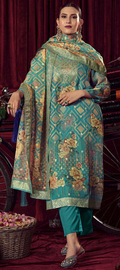 Blue color Salwar Kameez in Organza Silk fabric with Floral, Printed, Sequence work