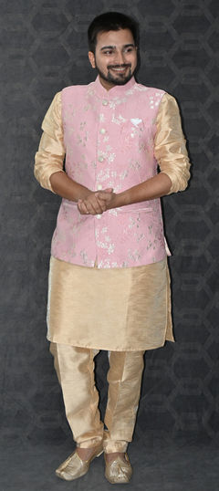 Party Wear Gold color Kurta Pyjama with Jacket in Silk fabric with Embroidered, Thread work : 1918863