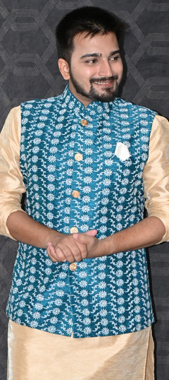 Blue color Nehru Jacket in Silk fabric with Embroidered, Thread work