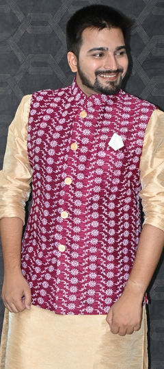 Red and Maroon color Nehru Jacket in Silk fabric with Embroidered, Thread work