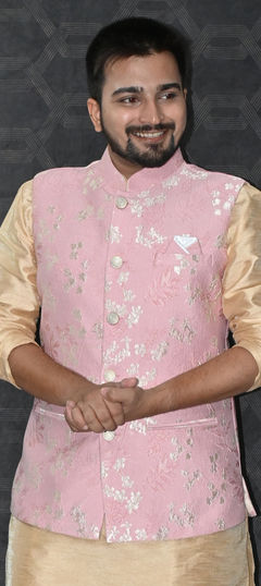 Pink and Majenta color Nehru Jacket in Jacquard fabric with Embroidered, Thread work