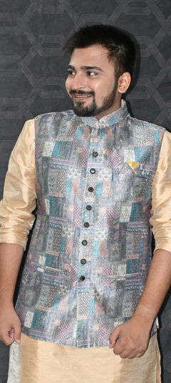 Black and Grey color Nehru Jacket in Silk fabric with Embroidered, Thread work