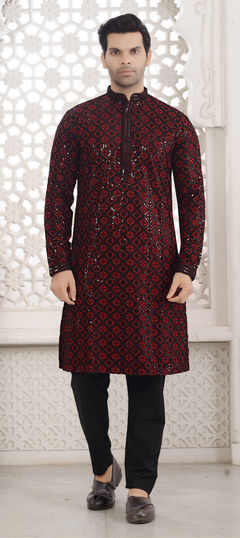 Red and Maroon color Kurta Pyjamas in Rayon fabric with Sequence work