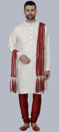 Party Wear Beige and Brown color Kurta Pyjamas in Bhagalpuri Silk fabric with Thread work : 1918919