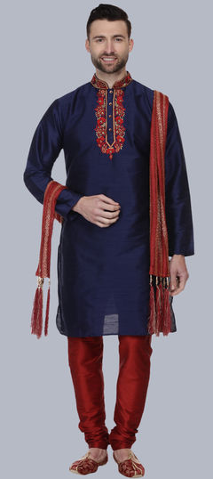 Party Wear Blue color Kurta Pyjamas in Dupion Silk fabric with Embroidered work : 1918922