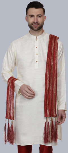 Beige and Brown color Kurta in Bhagalpuri Silk fabric with Thread work