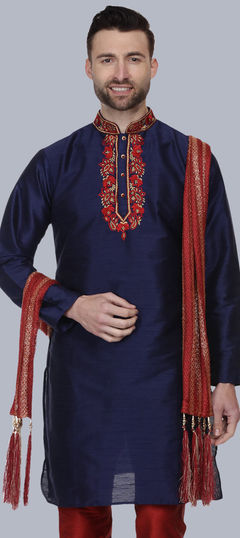 Blue color Kurta in Dupion Silk fabric with Embroidered work