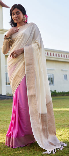 White and Off White color Saree in Georgette fabric with Weaving, Zari work