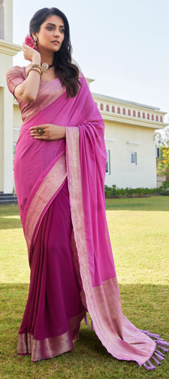 Pink and Majenta, Purple and Violet color Saree in Georgette fabric with Weaving, Zari work