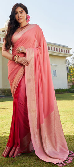 Pink and Majenta, Red and Maroon color Saree in Georgette fabric with Weaving, Zari work