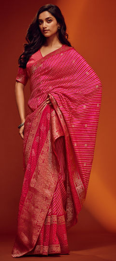 Pink and Majenta color Saree in Silk fabric with Bandhej, Printed, Weaving, Zari work