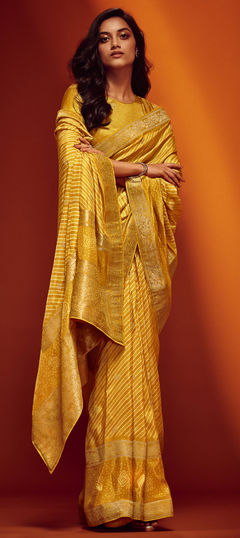 Party Wear, Traditional Gold color Saree in Silk fabric with Rajasthani, South Bandhej, Printed, Weaving, Zari work : 1919075