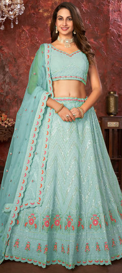 Blue color Lehenga in Faux Georgette fabric with Embroidered, Sequence, Stone work