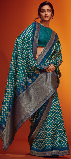 Blue color Saree in Viscose fabric with Digital Print, Weaving, Zari work