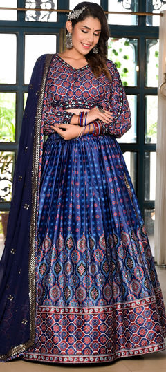 Blue color Ready to Wear Lehenga in Satin Silk fabric with Digital Print, Embroidered work