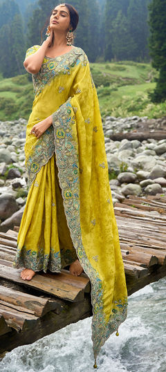 Yellow color Saree in Jacquard, Silk fabric with Embroidered, Resham, Sequence, Zari work