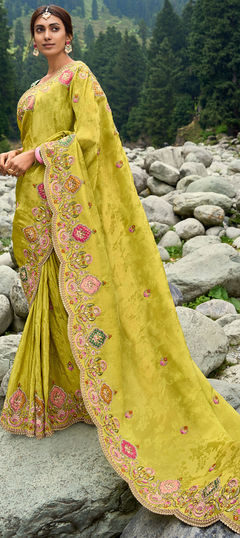 Yellow color Saree in Jacquard, Silk fabric with Embroidered, Resham, Sequence, Zari work