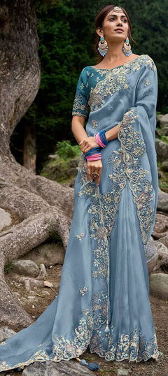 Blue color Saree in Silk fabric with Embroidered, Resham, Sequence, Zari work