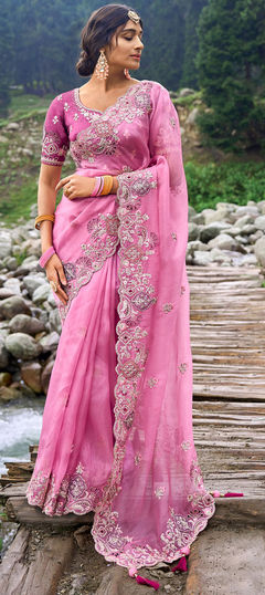 Pink and Majenta color Saree in Silk fabric with Embroidered, Resham, Sequence, Zari work