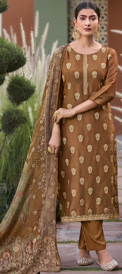 Beige and Brown color Salwar Kameez in Silk fabric with Weaving work