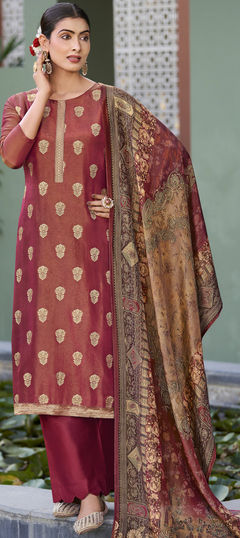 Red and Maroon color Salwar Kameez in Silk fabric with Weaving work