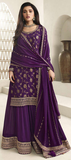 Purple and Violet color Salwar Kameez in Silk fabric with Embroidered, Thread, Zari work