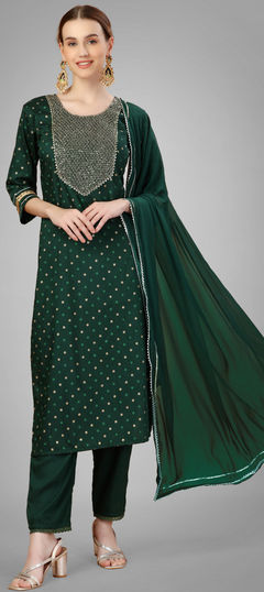 Green color Salwar Kameez in Blended fabric with Embroidered, Sequence, Thread work