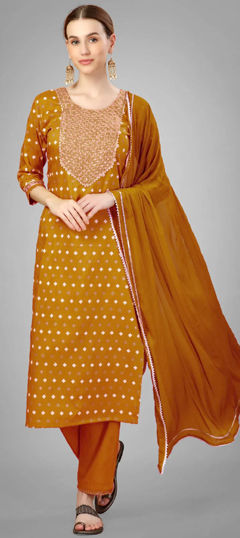 Yellow color Salwar Kameez in Blended fabric with Embroidered, Sequence, Thread work