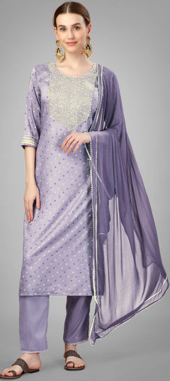 Purple and Violet color Salwar Kameez in Blended fabric with Embroidered, Sequence, Thread work