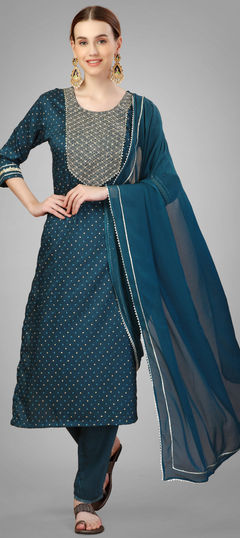 Blue color Salwar Kameez in Blended fabric with Embroidered, Sequence, Thread work