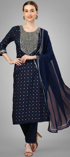 Blue color Salwar Kameez in Blended fabric with Embroidered, Sequence, Thread work