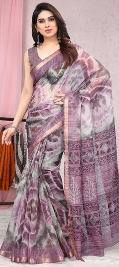 Purple and Violet color Saree in Blended Cotton fabric with Printed work