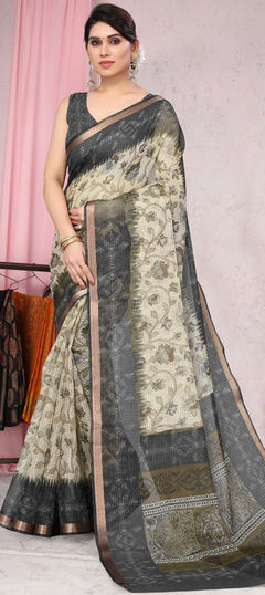 Beige and Brown color Saree in Blended Cotton fabric with Floral, Printed work