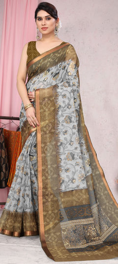 Black and Grey color Saree in Blended Cotton fabric with Floral, Printed work